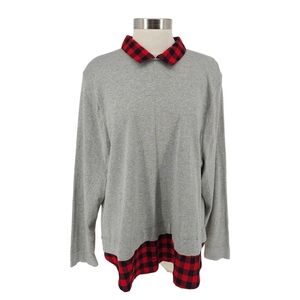J.CREW Woven Collar Sweater Gray Buffalo Plaid Long Sleeve Knit Pullover 3X